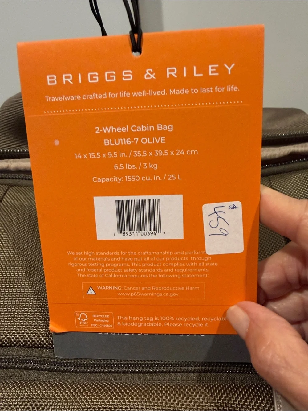 Briggs & Riley Olive 2-Wheel Cabin Carry-On